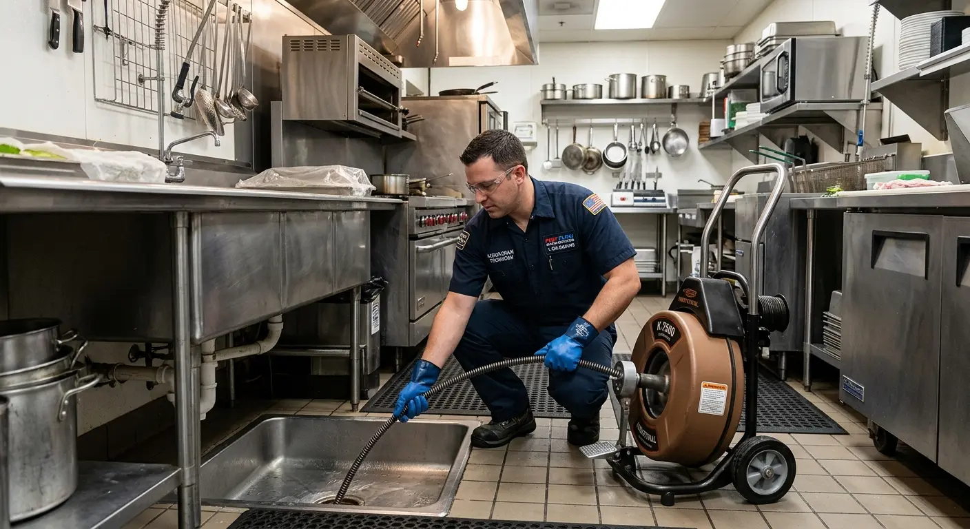 Commercial drain cleaning service in a restaurant kitchen in Ruston