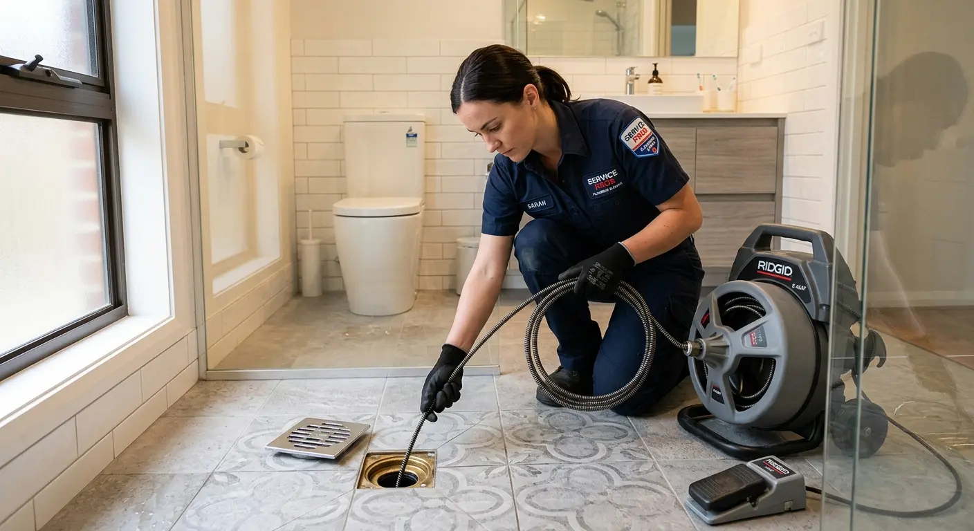 Technician clearing a bathroom floor drain for Drain Cleaning in Ruston